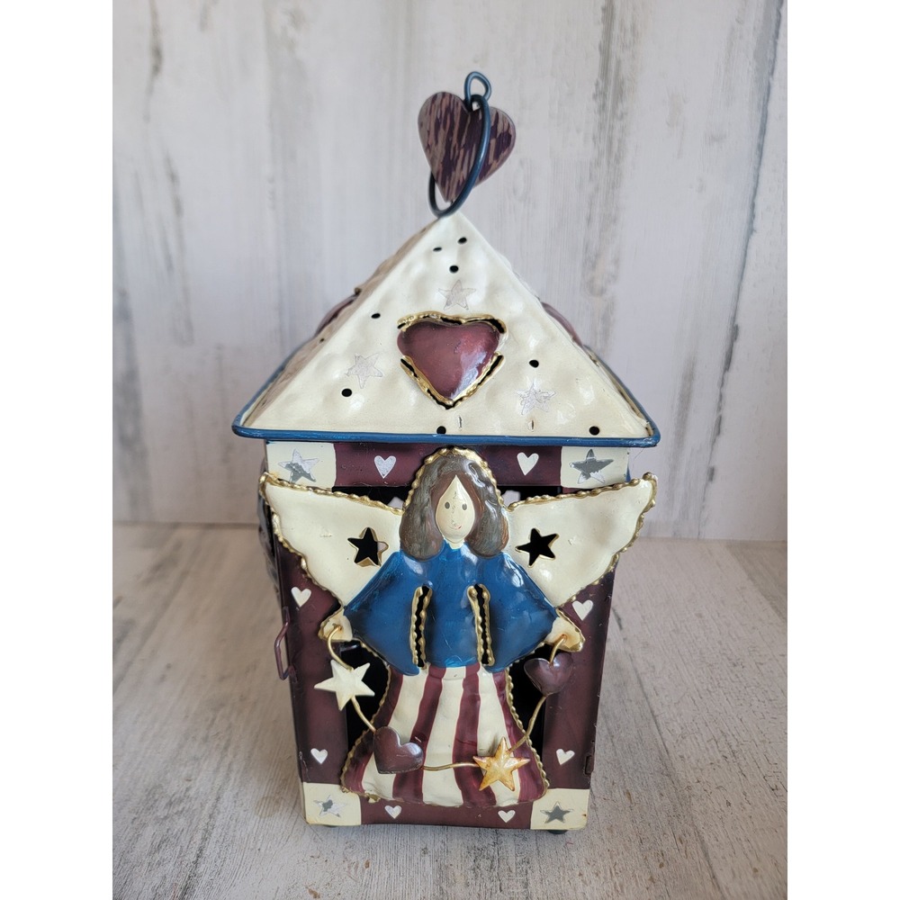 Vintage USA metal American flag angel tea‎ light candle holder hanging
